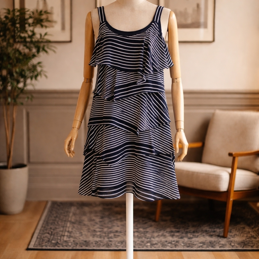 Signature by Robbie Bee Navy and White Striped Ruffle Midi Dress